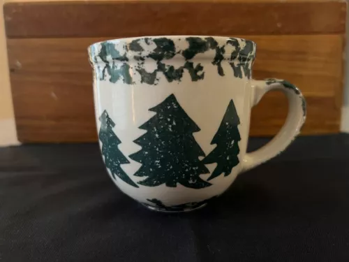 Sponge Folk Craft Coffee Mug By Tienshan Green Pine Trees Holiday Stoneware