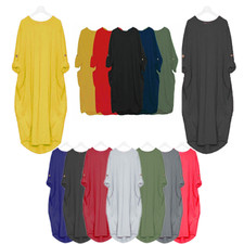 Womens Italian Turn up Sleeve Button Dress Ladies Pocket Baggy Lagen Look Dress
