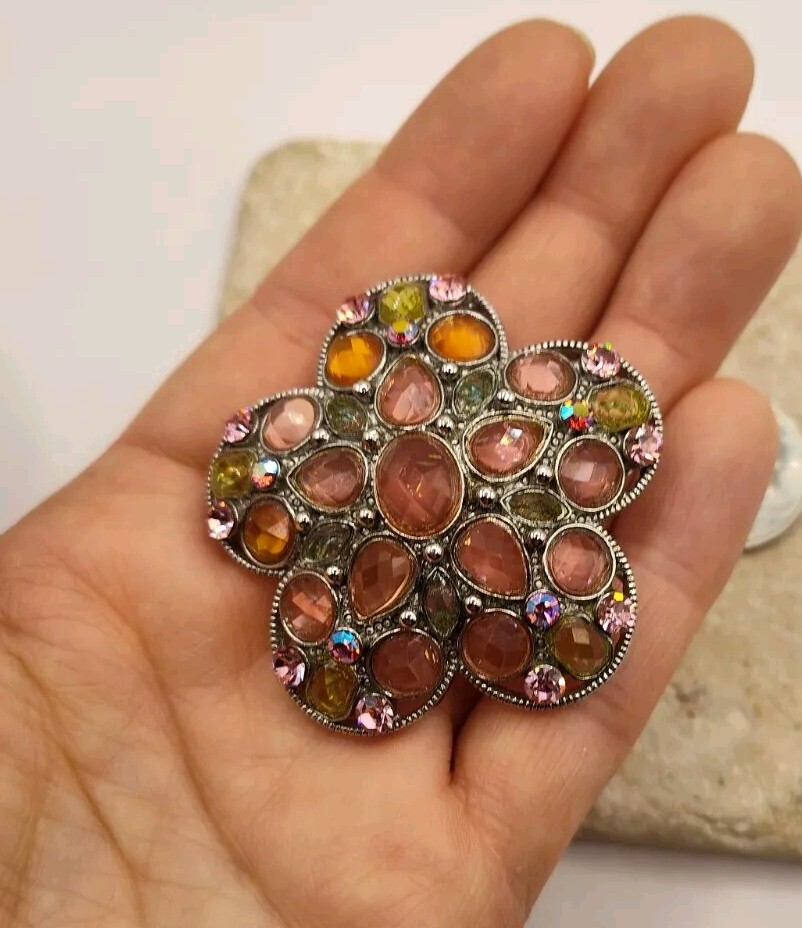 Signed Multicolored Rhinestone Flower Brooch - image 10