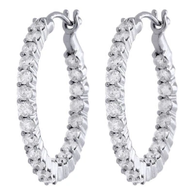 10K Weißgold Diamant IN & Aus Hoops 0.85 " Lang Rund Klappbar Ohrringe 1.50 - Bild 1 von 4