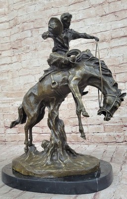 Signed Western Cowboy with Bucking Horse Bronze Sculpture Deco Wild West Figurin