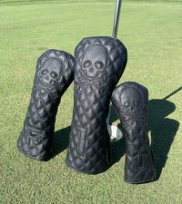 Embroidered Skull Golf Headcover   Driver Fairway Wood Hybrid - Blanc Cover