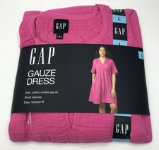 GAP Womens Pink Gauze Dress Large Short Sleeve Tiered Cotton Crinkle Mini V-Neck