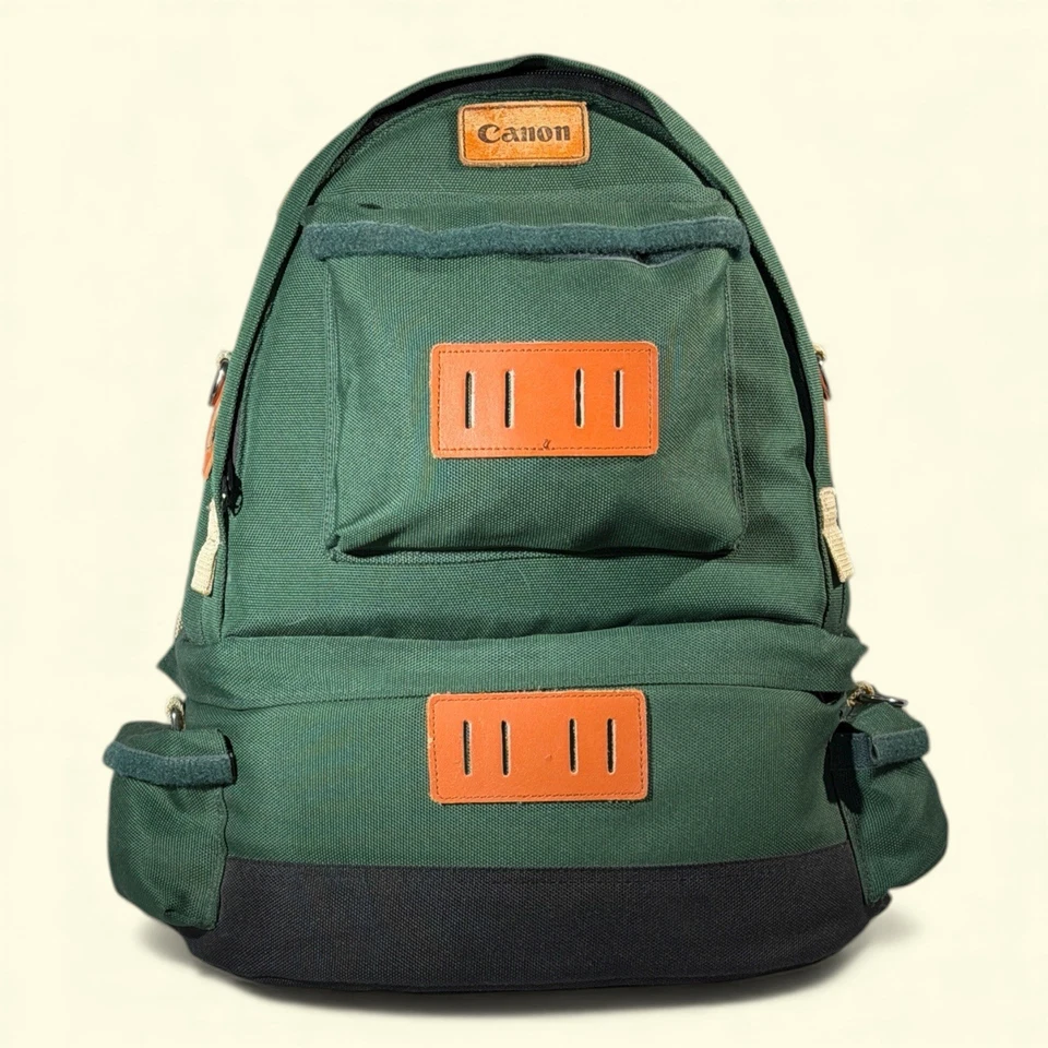 Canon Camera Professional Backpack Canvas Green Leather Travel Padded Vintage  - Image 2 of 4