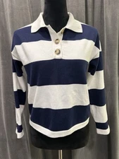 COCO & SHAY Blue /White Striped Cropped Rugby Sweater Knit Top Size S