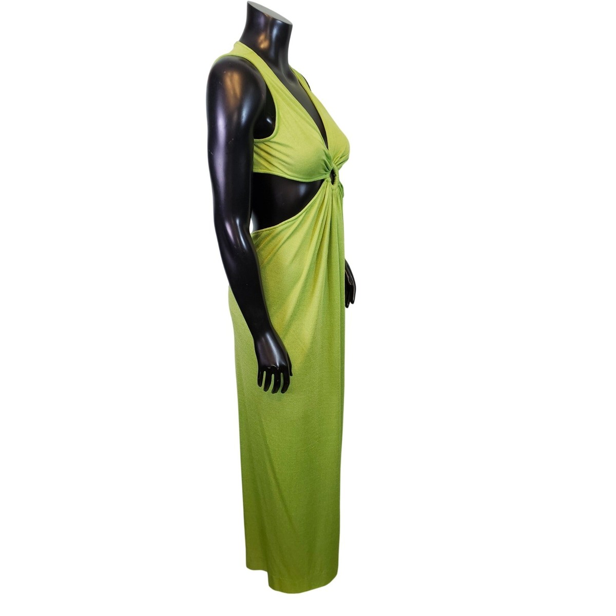 Vintage 70s Lime Green ORing Cutout Maxi Dress Disco Textured Knit Sleeveless View 6