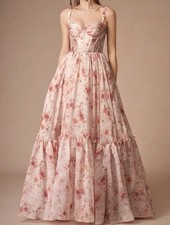 Azazie Women's Halame Apricot Multi Sleeveless Floral A-Line Gown US Size 4 NWT