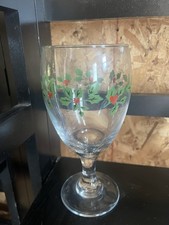 Glass Goblet with Holly Christmas Decoration, Clear Green Red, Christmas Floral