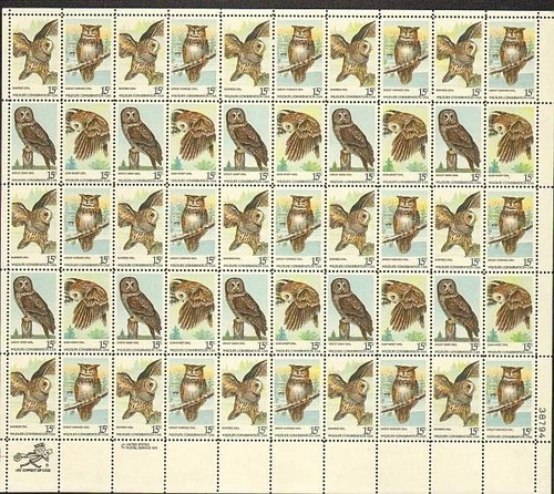 United States 15¢ Owls #1760-63 MNH Full Sheet FACE VALUE