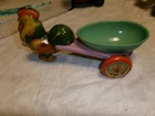 J Chein & Co Tin Litho Pull Toy Rooster Pulling Egg Cart 1940s