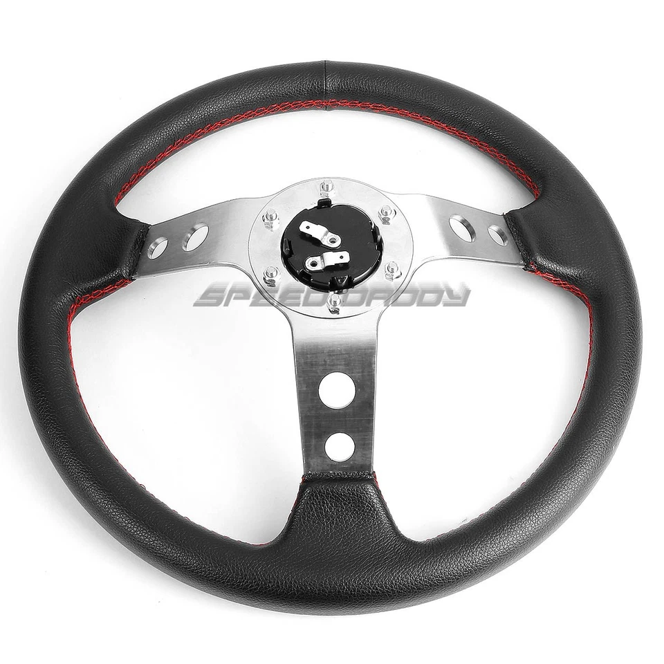 350MM 3" PLATO PROFUNDO 6 PERNOS PLATA VOLANTE CARRERAS COSTURAS ROJAS + BOTÓN BOCINA Foto 4 de 4