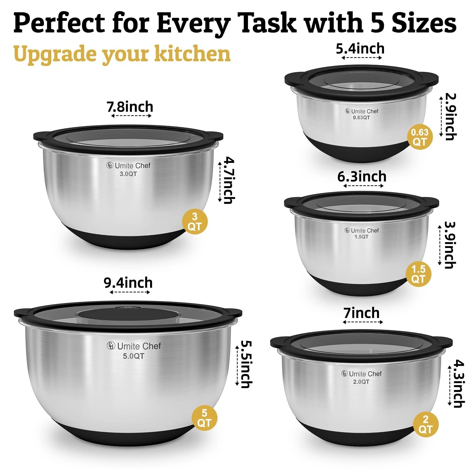 Mixing Bowles Set with Lids Set - Warp-Proof TPR-AS Lids, Stainless Steel Mixing Bowl with 3 Graters & Measuring Lines, Non-Slip Bowls for Baking, Prep, Airtight Food Storage (Khaki 5/3/2/1.5/0.63QT) - Thumbnail 4