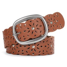 Women s Hollow Leather Belt for Jeans with Silver Pin Buckle Wide Waist Belt ...