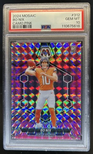 2024 Mosaic Bo Nix RC Camo Pink Prizm Rookie #312 Broncos PSA 10