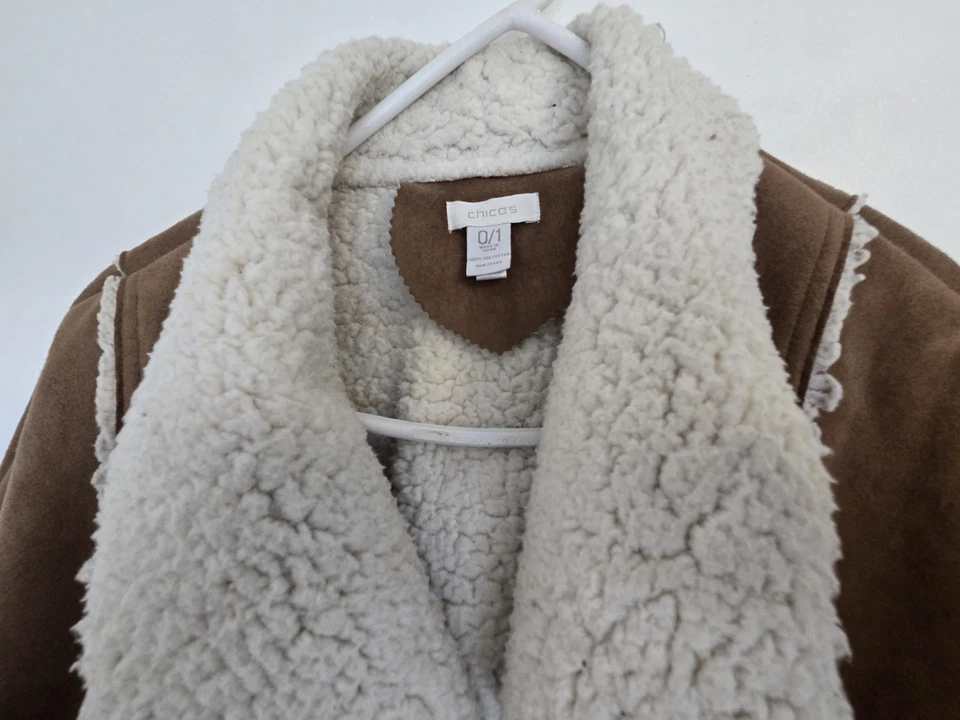 CHICOS Sweater Womens 0/1 Poncho Wrap Shawl Cape Faux Suede Western Brown Sherpa - Image 2 of 4