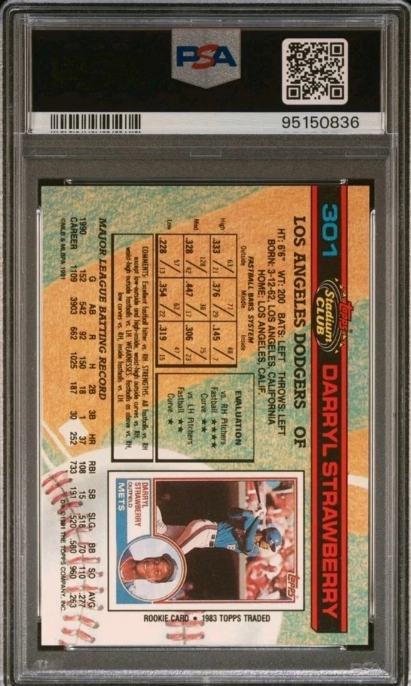 🔥🏟1991 STADIUM CLUB #301 DARRYL STRAWBERRY DODGERS METS PSA 10🔥⚾️ - Image 2 of 2
