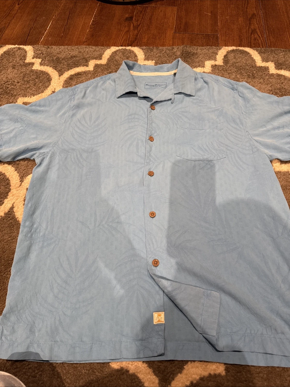 Tommy Bahama Shirt Men Extra Large Blue Palm Print Floral Button Up 100% Silk