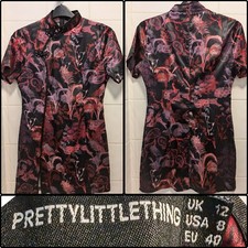 Petite Black Pink Asian Style Satin Split Mini Bodycon Dress UK 12 US 8 EU 40