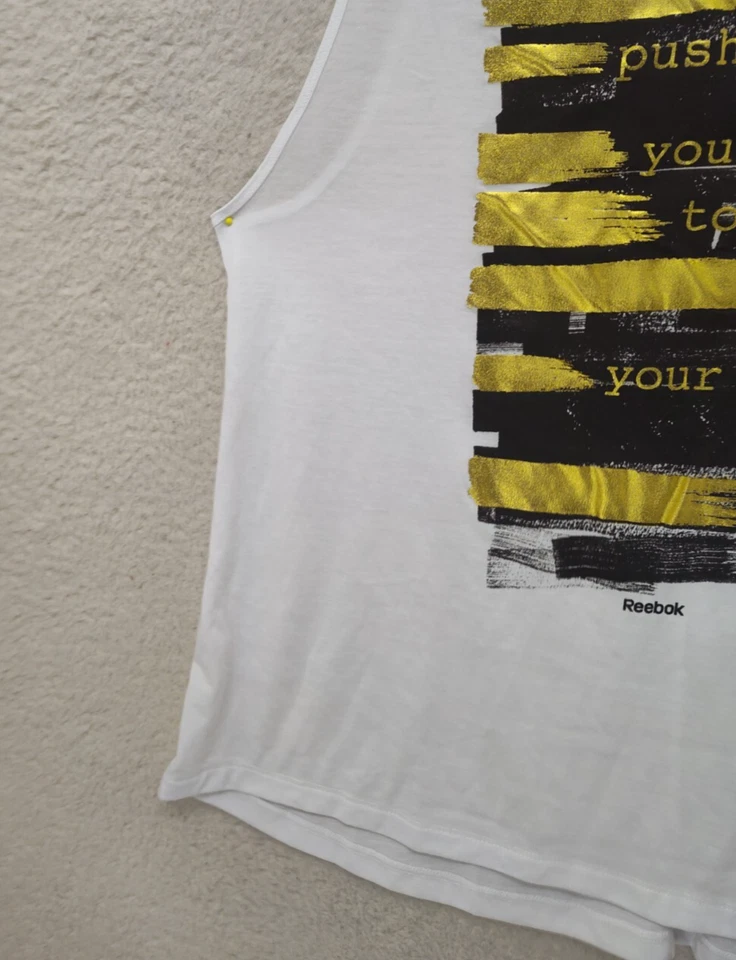 Camiseta sin mangas Reebok para mujer extra grande blanca mezcla de polietileno sin mangas recortada ropa deportiva Foto 4 de 4