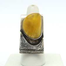 Modernist Sterling Silver Yellow Baltic Butterscotch Honey Amber Ring Long Sz8