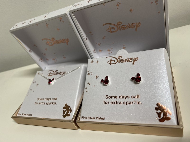 Disney Silver Plated Mickey Mouse Necklace & Earrings With Red July Crystal- NEW