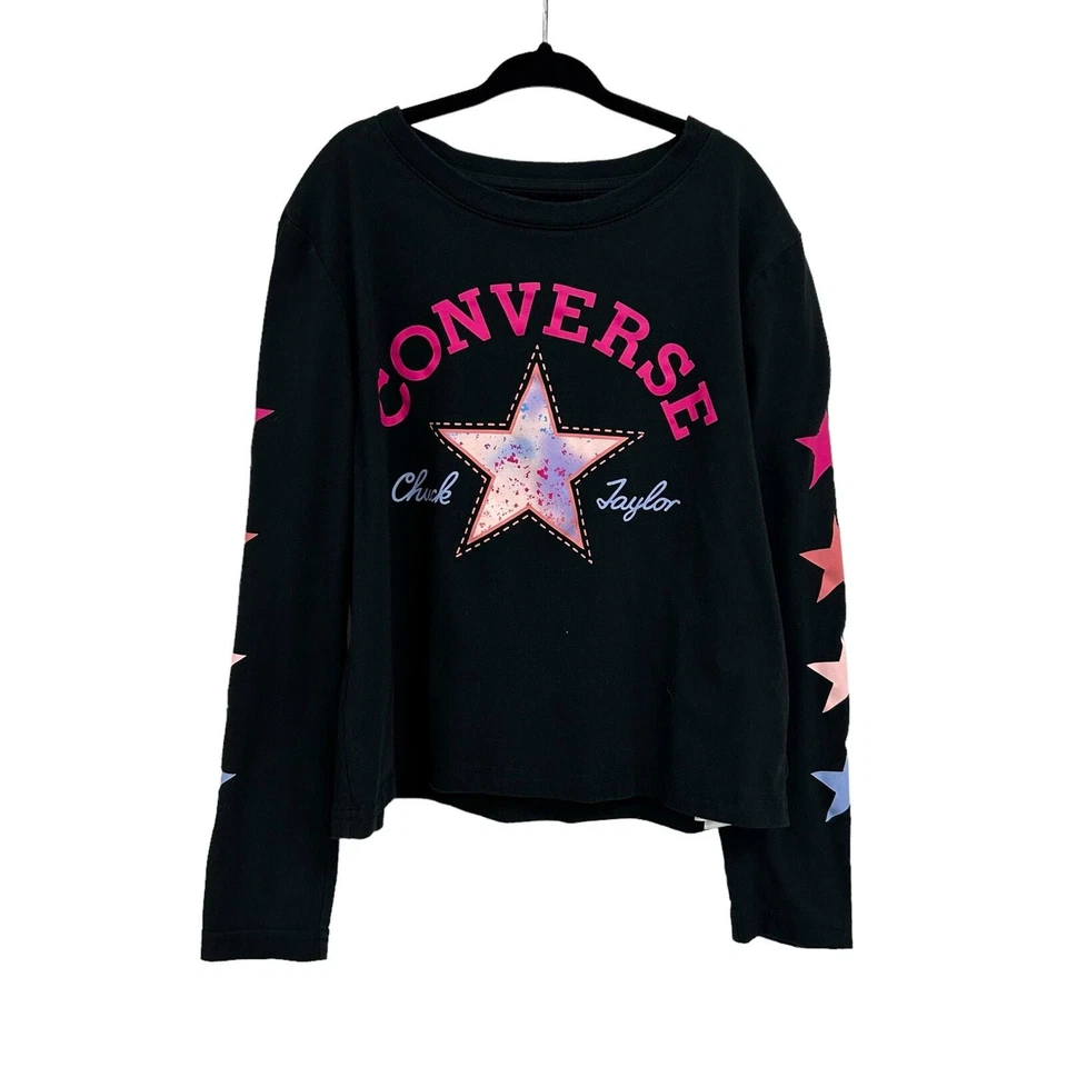 Converse Girls Black Multicolor Star Logo Long Sleeve Graphic Tee Medium 10/12 - Image 2 of 4