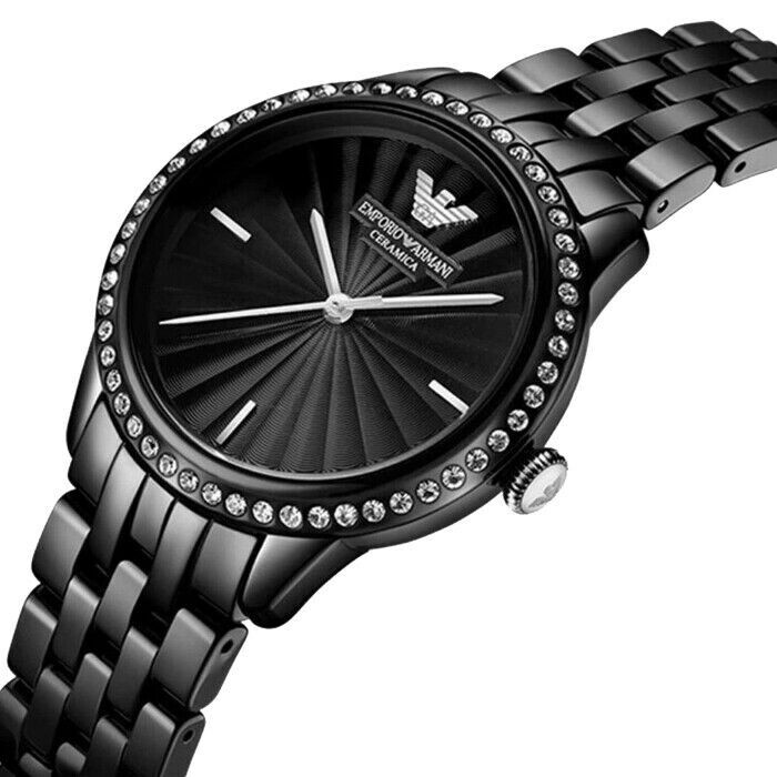 NEW EMPORIO ARMANI WOMENS BLACK CRYSTAL CERAMIC WATCH AR1478 RRP £399
