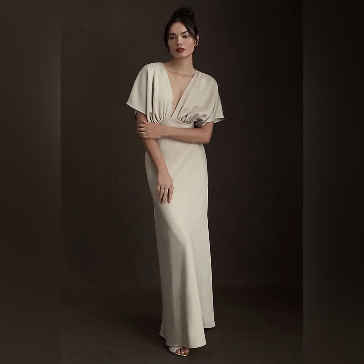 BHLDN Leila Deep-V Flutter-Sleeve Satin A-Line Gown in Champagne | eBay