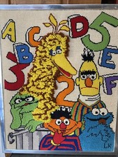 Vintage Sesame Street Framed Needlepoint Art- Big Bird Ernie Burt Oscar 16x20  