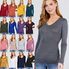 Womens V Neck Rayon Long Sleeve Top Soft Stretch Classic Fitted Lighweight Shirt