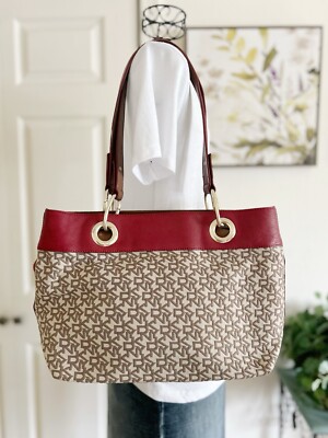 DKNY Red Leather Trim Signature Tote Shoulder Bag