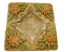 Vtg 70s Retro Ceramic Ashtray Gold Floral Raised Flowers Pottery Glass Insert 