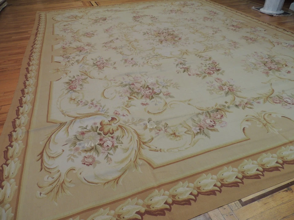 Alfombra oriental estilo Aubusson francés de gran tamaño/palacio 12x15 medallón beige Foto 3 de 4