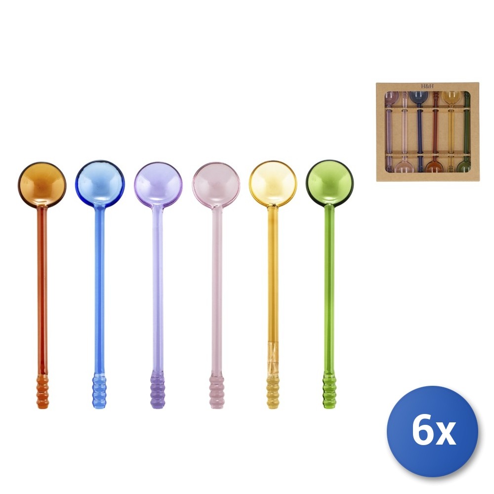 6x H&H Confezioni 6 Glass Beverage Spoons Assorted Colors Random