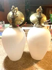 Vintage Pair of Ceiling Light Fixtures Lg Milk Glass & Brass Toned Metal