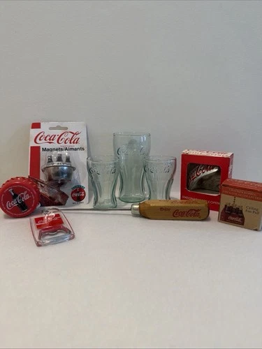 Coca Cola Vintage Collectibles Bottle Opener, Glasses, Magnet Lot Of 9