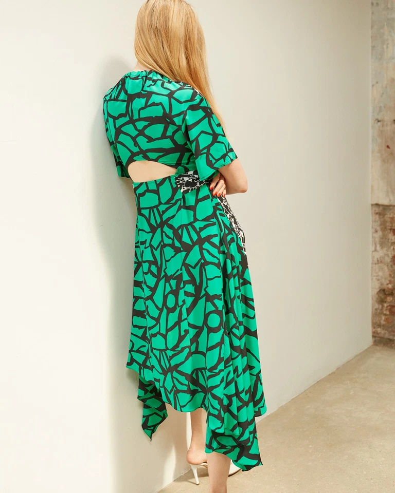 Платье миди Topshop Boutique 100% шелк асимметричный подол абстрактный принт галстук сзади - Изображение 2 из 4