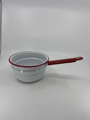 Vintage Enamelware Pot Sauce Pan White Red Kitchen Farmhouse Decor