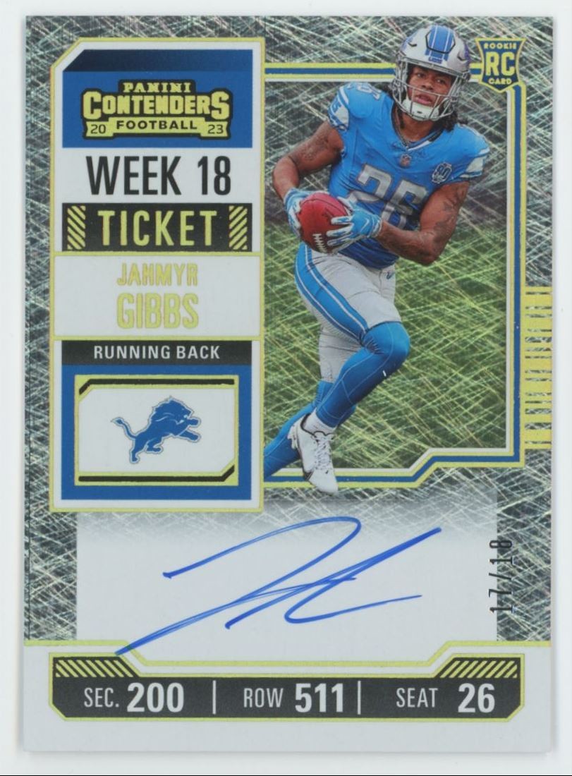 2023 Panini Contenders WEEK 18 Jahmyr Gibbs Rookie Auto 14/18 Detroit Lions #112
