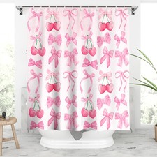 Pink Bow Shower CurtainCherry Bow Waterproof Shower Curtain Sets for Bathroom...