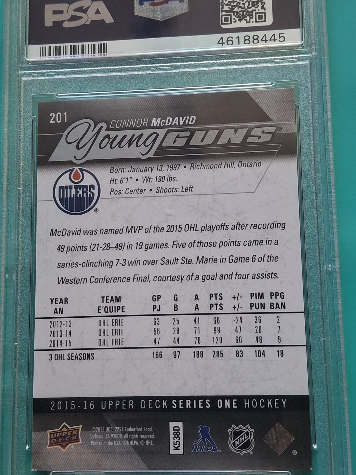 2015 Upper Deck Young Guns Rookie Connor McDavid #201 PSA 8 NM-MT Card view 3