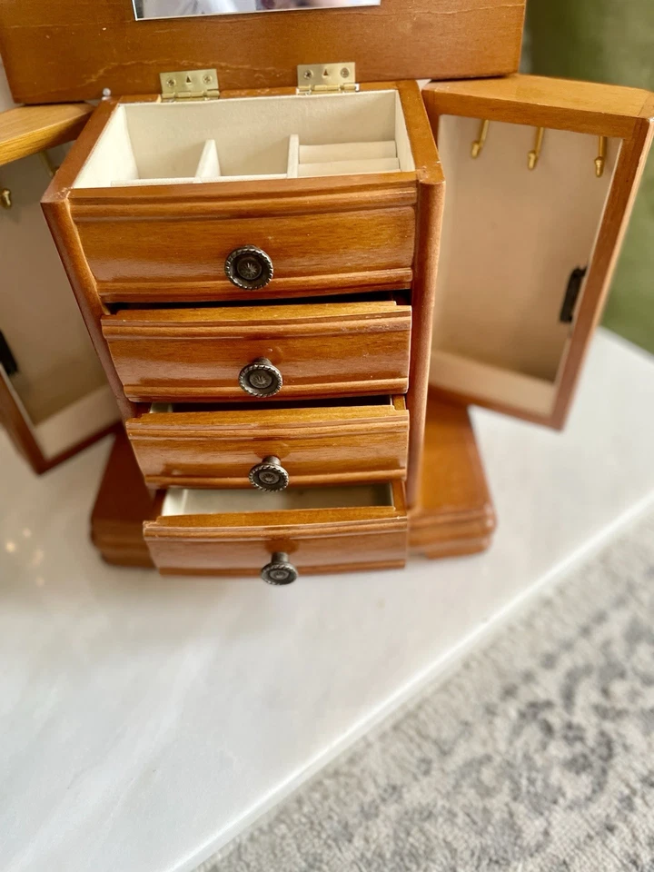 Vintage Style Wood Jewelry Box Armoire Cabinet 4 Drawers Mirror Side Doors - Image 4 of 4