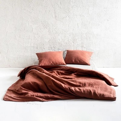 Brick Red Stonewashed Linen Bedding Set. 3 Piece Set in King, Queen, Twin, sizes