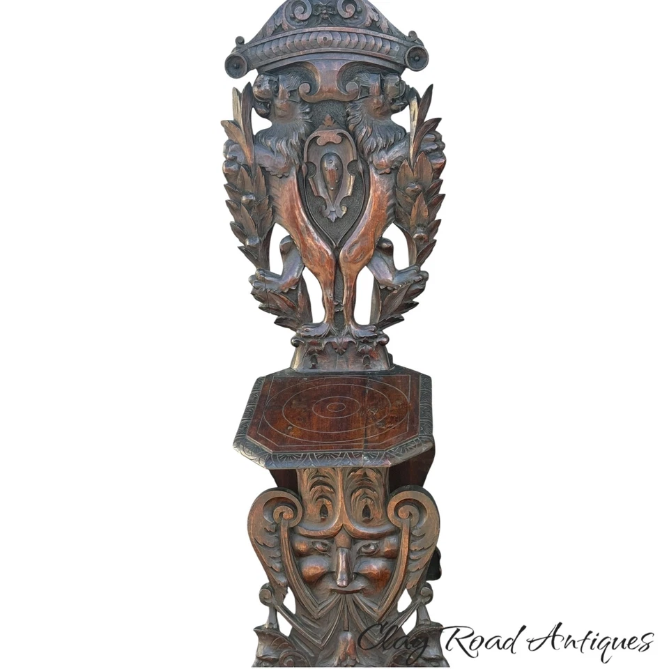 Antigua silla renacentista victoriana fantasía tallada caras de leones figura nogal Foto 2 de 4