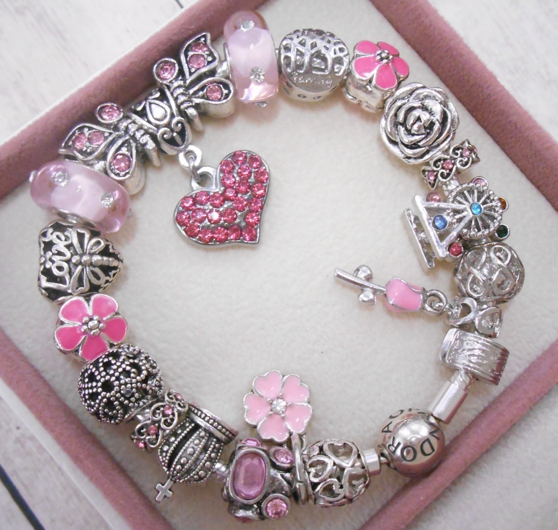 PANDORA ブレスレット ピンクストーン チャーム付き AUTHENTIC PANDORA SILVER CHARM BRACELET PINK CRYSTAL HEART FAMILY