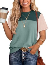 Womens Fashion 2026 Color Block Shirts Short Sleeve Crewneck Large Beige Green