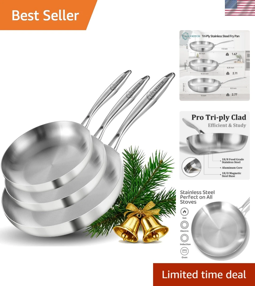 Tri-Ply Stainless Steel Frying Pan Set, 8-10-12 Inch, Induction Compatible