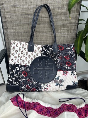 EUC TORY BURCH Ella Large Tote Quilted Patchwork Floral Navy  display picture 1