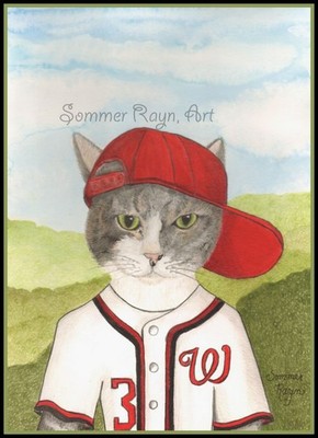 Chuck the baseball playing cat, red hat, Card, Magnet or Print, Item #0431