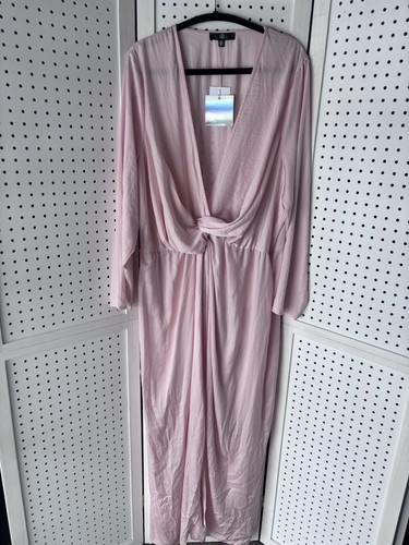 NWT Missguided Long SLV Pink Satin Thigh Split Wrap Maxi Dress Women's 18